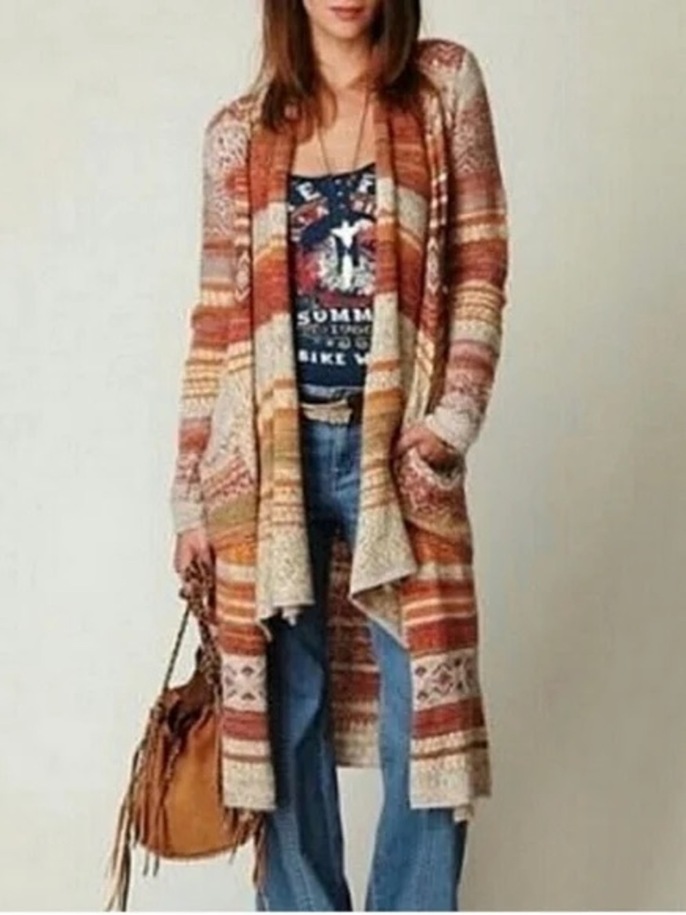 Free People Striped Open Maxi Cardigan Duster in Cream, Rust, Orange Wool Blend